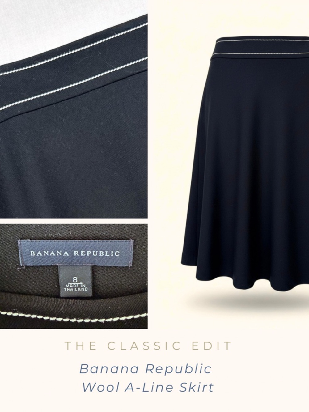 Banana Republic Wool A-Line Skirt | Contrast Topstitched Waist | Size 8